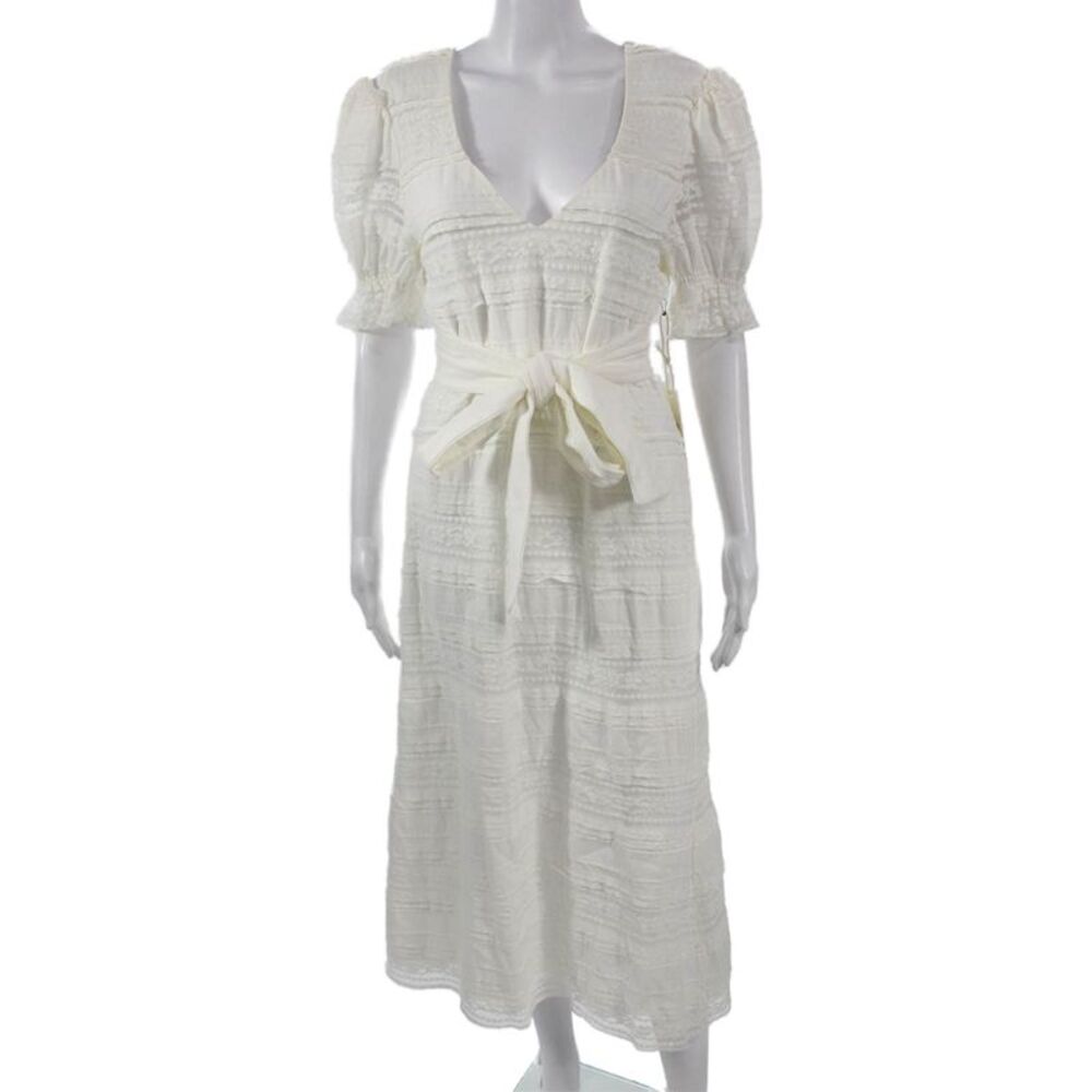 Tularosa Womens Fit & Flare Sundress White V-Neck Short Sleeve Bohemian Size L
